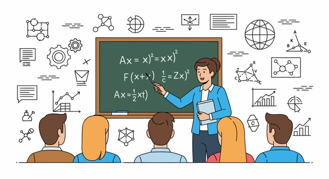 Female teacher explaining science and mathematics formulas to students in school classroom vector illustration concept