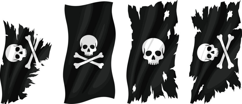 Black pirate flag illustrations featuring skull and crossbones variations with tattered edges and aged maritime design style