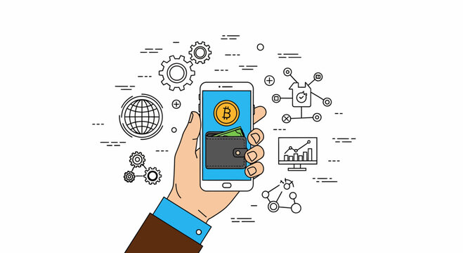 Fintech mobile payment technology concept with hand holding smartphone featuring digital bitcoin wallet and various financial icons for banking