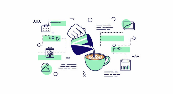 Hand pouring milk in cup latte art icons and charts for web data design icon vector