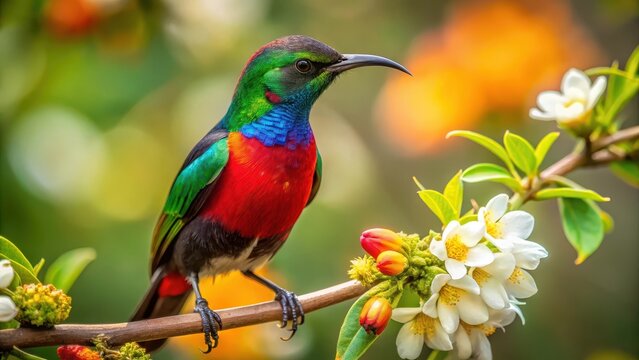 Title A redchested sunbird perches on a flowering branch in Uganda
