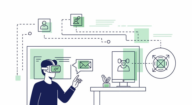 Person in vr head set using tech space web link app mail user icon