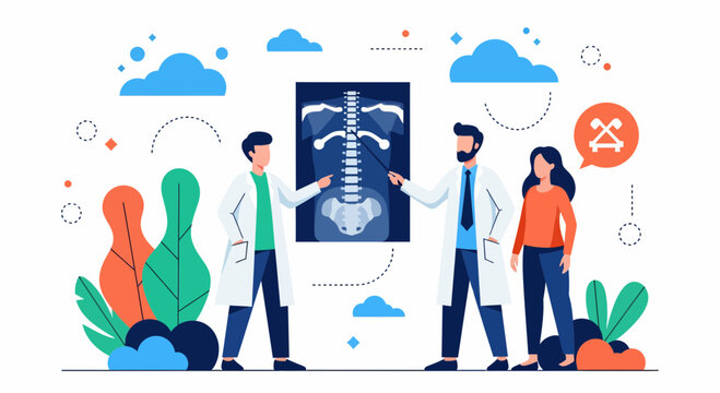 Two doctors and a patient look at a spine xray scan for medical health diagnosis now