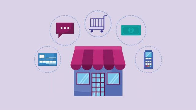 Online shopping concept animation with store, credit card, cash, cart, chat and pos terminal.
