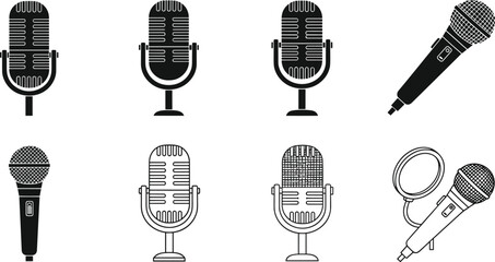 Collection of black and white microphone illustrations including vintage stand and handheld designs in silhouette and outline styles © MstRezoara