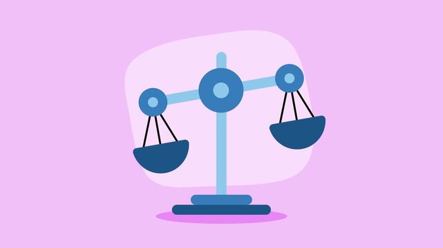 A motion graphic animation of weighing scale icon with balance and equality concept in light blue and dark blue colors on a pink background.