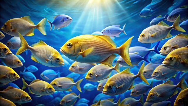 A realistic photo of A single yellow fish swimming among a school of blue fish