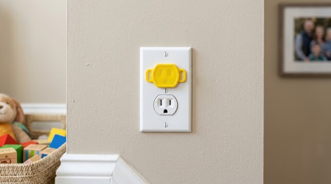 Bright yellow childproof outlet cover secured on a white electrical socket in a home environment.
