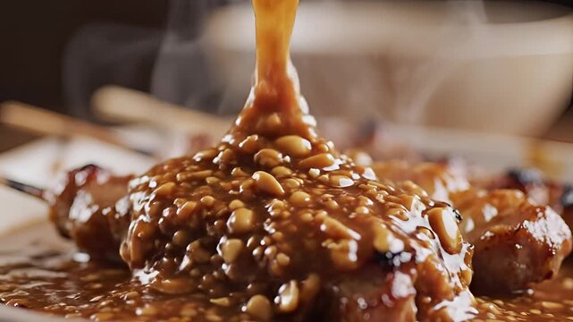 Delicious Chicken Satay Skewers Being Drizzled with Savory Peanut Sauce.