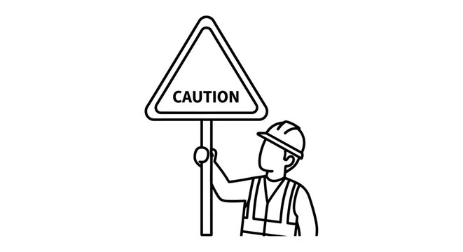 Construction worker holding caution sign, safety warning, warning symbol, simple line art
