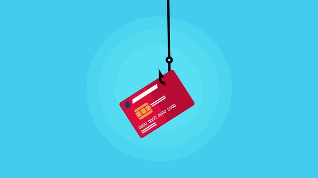 Phishing credit card animation concept showing cyber crime scam and identity theft on blue background.