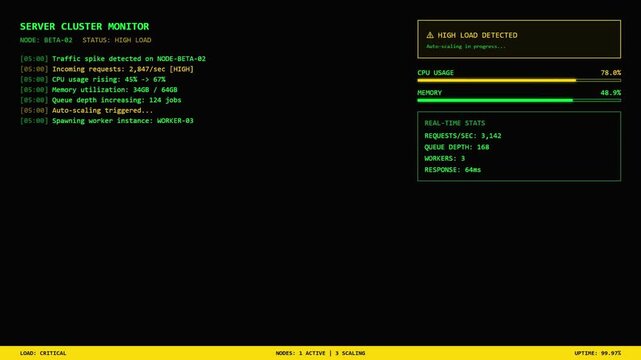 Server Cluster Monitor Screen with High Load Detected Warning and Auto Scaling Traffic Spike Metrics Terminal.