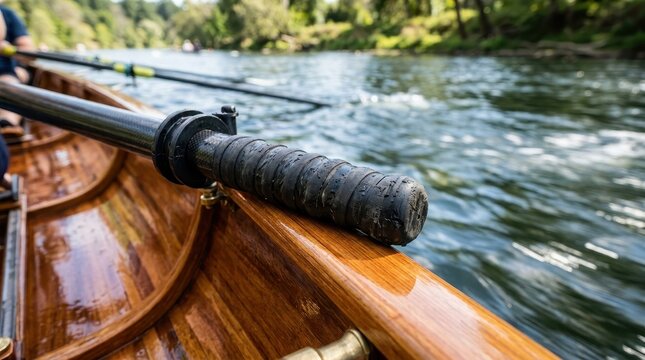 Close-up view of a rowing boat oar handle with water and nature in the background