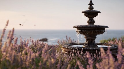 Obraz premium Elegant outdoor fountain with ocean view and flowering plants at sunset