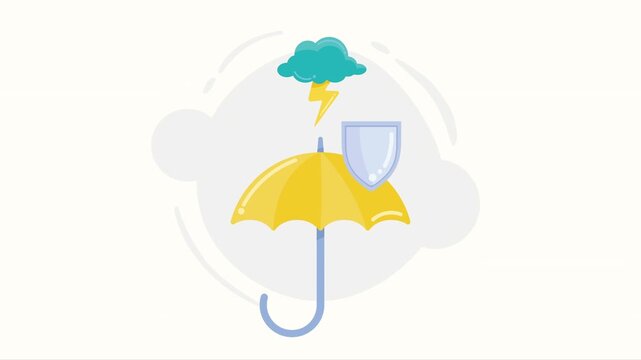 Animated insurance and protection concept featuring umbrella shield and stormy cloud with lightning.