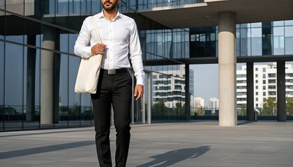 Fototapeta premium Middle Eastern man wearing a blank white tote bag standing near a modern office building