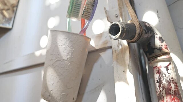 A rustic indoor washing setup featuring a dripping plastic pipe faucet and a cup of colorful toothbrushes, illuminated by dappled sunlight.