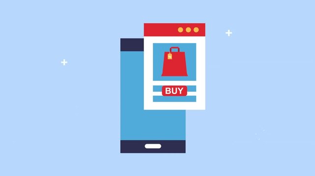 Online shopping animation with smartphone and buy button on website interface.