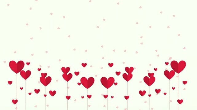 Valentine day animation with red paper hearts flying on strings against light background for romantic celebration.
