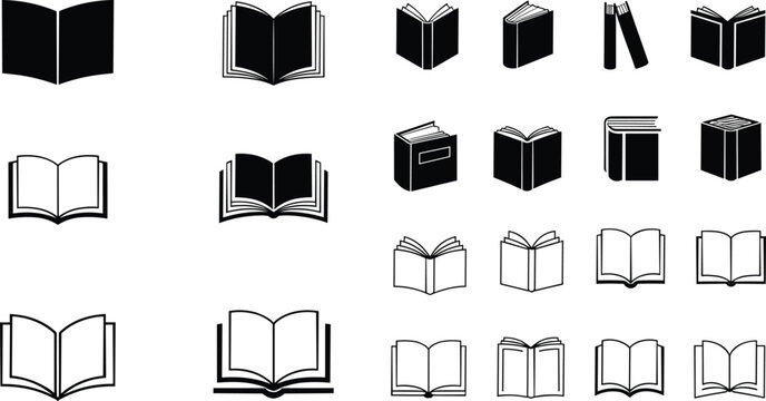 Open and closed book icon collection solid and outline styles education library vector set