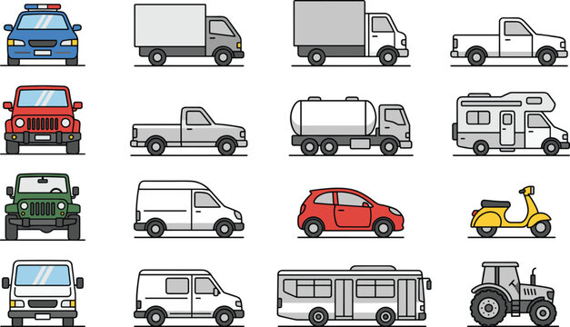 Outline Style Vehicle Collection Featuring Trucks Vans Bus Tractor SUV and Delivery Transport Illustrations
