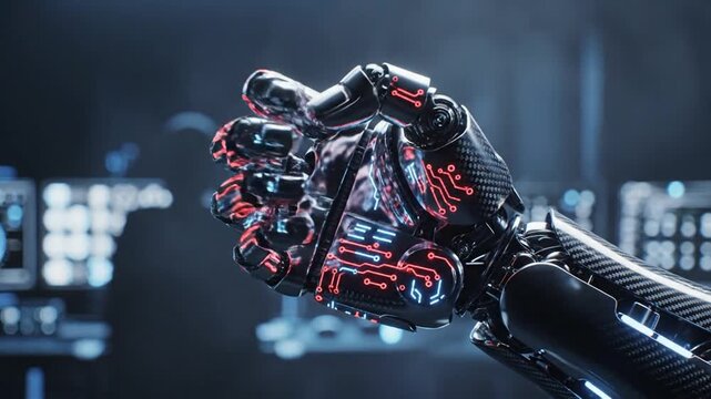 Close-up robotic hand with glowing red circuits.