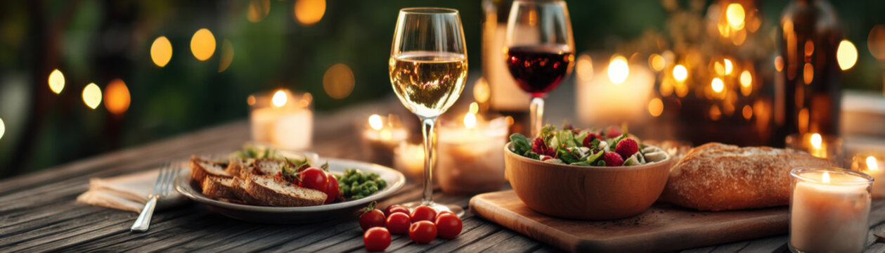 Wine dinner outdoor candle table bread salad cherry tomato 4th july celebration with wine dinner outdoor candle table bread salad cherry tomato