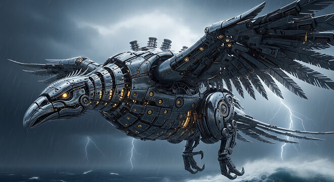 Steampunk mechanical raven with intricate metal plating soaring through a stormy sky