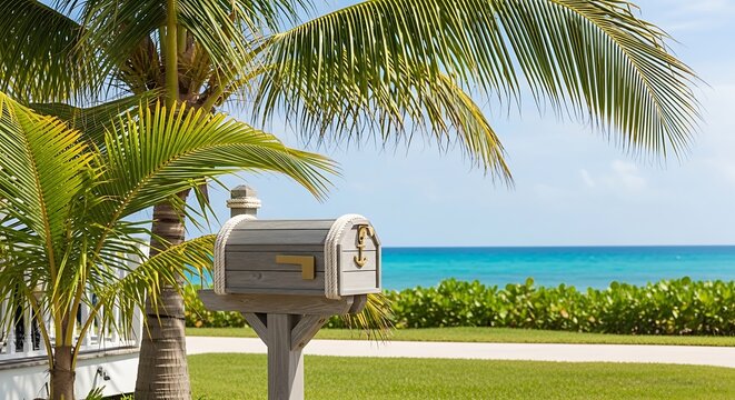A silver metal mailbox standing outside on a tropical beach with palm trees and blue ocean in background. buzones