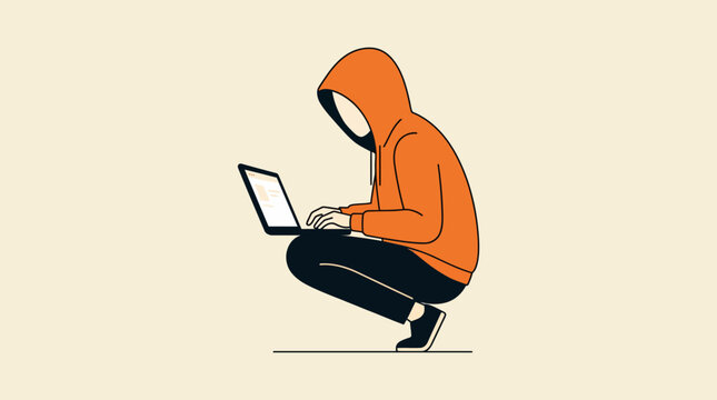 Minimalist illustration of a hooded hacker crouching with a laptop, cyber security concept