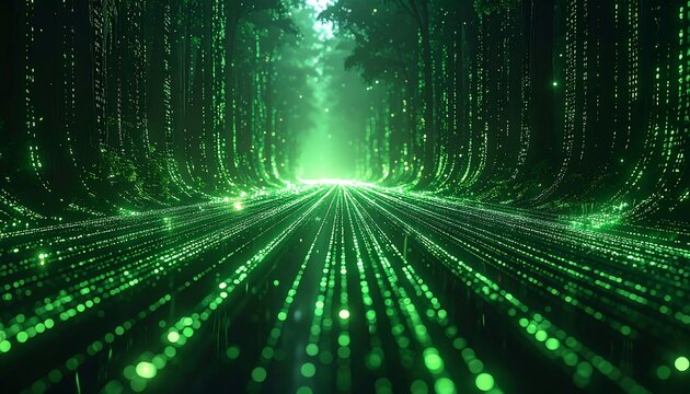 A surreal forest path glows with emerald light. Luminous lines emanate from the ground, leading towards a bright opening in the trees