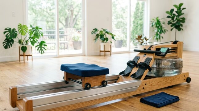 Wooden rowing machine with blue cushion in a bright, airy fitness studio