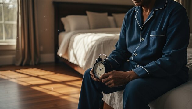 A mature man sitting on the edge of a plush bed in a warm bedroom, holding a small alarm clock with a weary posture during a quiet morning
