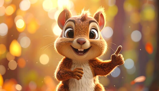 A cheerful cartoon chipmunk pointing upwards with a blurred colorful background
