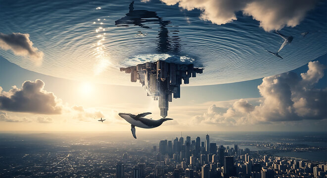 Whales swimming through a surreal inverted cityscape under a cloudy sky at sunset