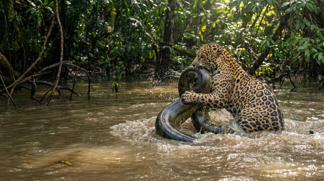 Jaguar vs anaconda snake battle in flooded savanna water, predator vs prey behavior, copy space left side