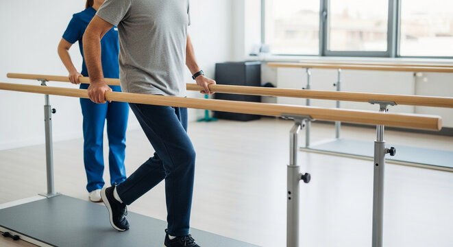 Senior Man Undergoing Physical Therapy Rehabilitation on Parallel Bars with Female Nurse Assistance for Healthy Aging and Recovery