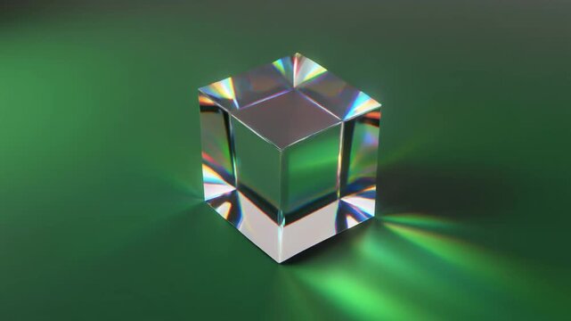 Crystal cube refracts light, colors scatter, prismatic brilliance glows against smooth green surface.