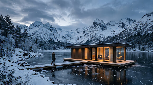 Elegant minimalist floating home on a serene, partially frozen lake, surrounded by majestic snow-capped mountains under a dramatic winter sky, embodying a peaceful architectural retreat