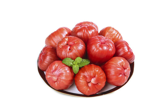 Fresh Red Wax Apples Rose Apples from Hainan China in Bowl with Mint Garnish Tropical Asian Fruit