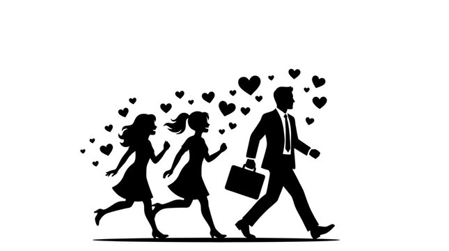Silhouette illustration of a businessman walking with two women following him surrounded by floating hearts.