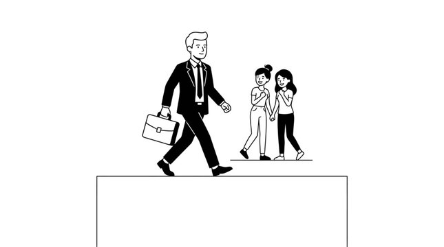 A businessman walking with a briefcase while two women converse in the background.