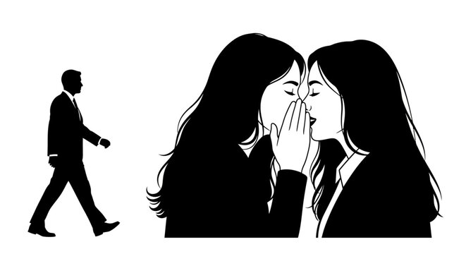 Black and white illustration of two women gossiping about a man walking away.