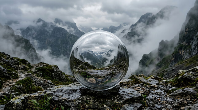 Crystal ball reflecting misty mountains landscape on rocky terrain