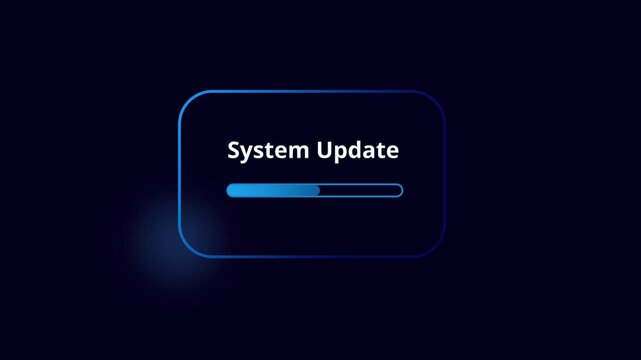 A system update notification with a blue progress bar is displayed inside a sleek glass card on a dark background for a high tech interface look