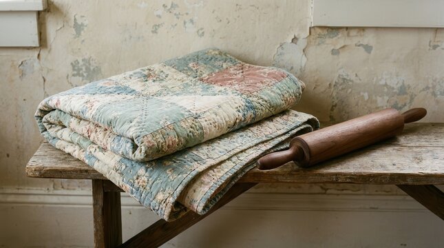 A Muted Floral Patchwork Quilt with a Vintage Rolling Pin on a Rustic Wooden Surface
