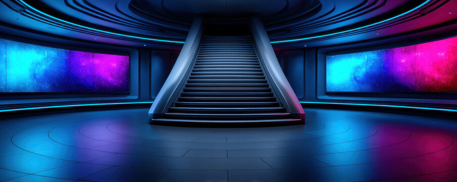 Futuristic interior neon light sci fi staircase space station galaxy screen 4th july celebration mood inside luminous corridor with blue purple