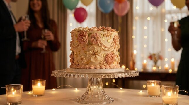 Elaborate floral iced cake displayed on a clear glass stand at a festive party with balloons and lights