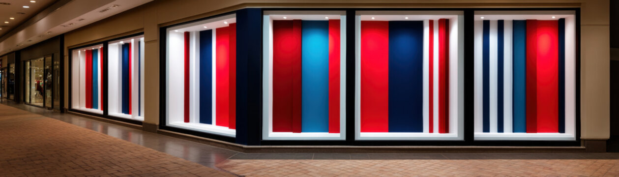 Shopping mall storefront display window red blue stripe retail interior 4th july holiday mood with red blue stripe display window along quiet