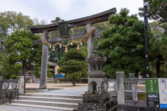 Wooden Torii Gate with Sacred Rope at Yoshida Shoin Shrine in Hagi